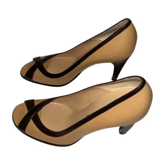 CELINE Nude Tan/Dark Brown Leather Heels Peep Toe Pumps Shoes EU 37B - Picture 3 of 5